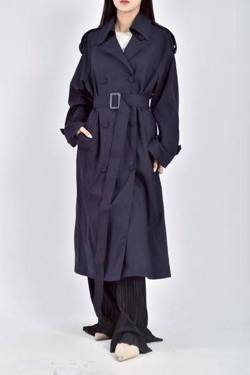 (L) maison質感法式風衣藍色綁帶外套