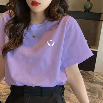 短袖女 上衣女 短袖T恤 女裝 女生短袖2025年新款紫色短袖t恤女打底衫正肩圓領薄款上衣韓版寬鬆ins純棉98
