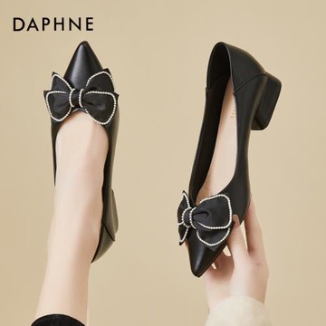達芙妮中跟單鞋女2024年春秋爆款尖頭蝴蝶結小清新百搭粗跟高跟鞋