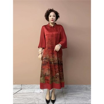 漸變江山圖中老年夏裝媽媽桑蠶絲裙子大碼刺繡立領旗袍真絲連衣裙