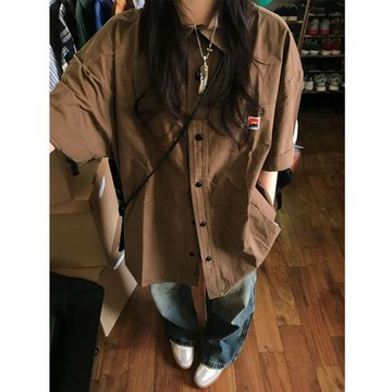 日系復古vintage卡通短袖襯衫女夏季寬松法式設計感小眾半袖上衣