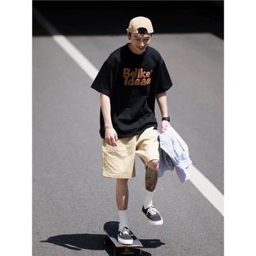 Bellken早起工作室 300g重磅日系字母T恤短袖男復古流行寬松情侶