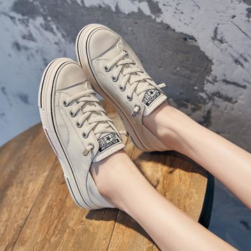 真皮小白鞋女2025新款夏季平底休閑板鞋踩腳兩穿懶人一腳蹬小黑鞋