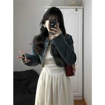 復古港風短款毛邊牛仔外套兩件套裝女春夏吊帶連衣裙小眾收腰長裙