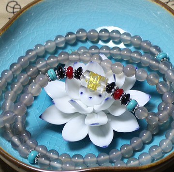 水晶天然灰瑪瑙六字真言108佛珠手鏈1入