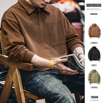 Wuluwear 420g重磅polo領大學T男秋季2025新款美式復古刺繡上衣寬鬆男士外套