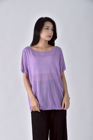 (2XL) 質感寬鬆透膚紫色短袖上衣
