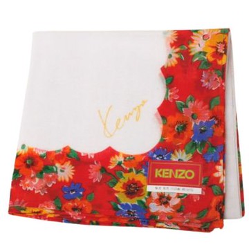 KENZO 經典品牌繽紛花朵圖騰滾邊字母LOGO帕領巾(白/45CM)