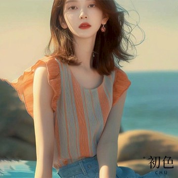 初色 法式氣質撞色條紋圓領無袖小飛袖荷葉邊襯衫上衣女上衣-綠橘條紋-11444(M-XL可選)