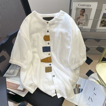 日系復古撞色貼布棉麻圓領襯衫男女夏季寬松潮牌休閑百搭短袖上衣