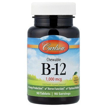 Carlson, 維生素 B-12 咀嚼片，天然檸檬味，1,000 微克，90 片