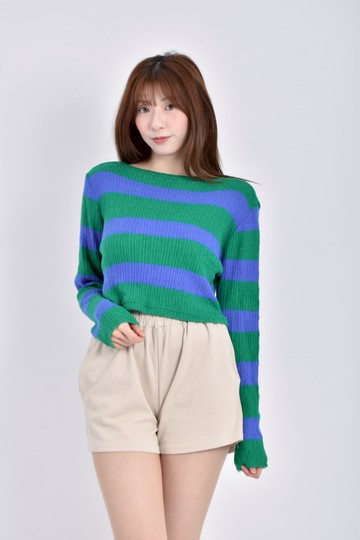 (M) 針織長袖條紋藍綠色毛衣
