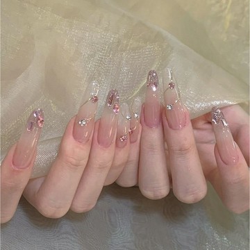 隨心貼合🎀純手工純欲美甲粉鑽杏仁長款穿戴甲顯白高階氣質裸色假指甲貼片