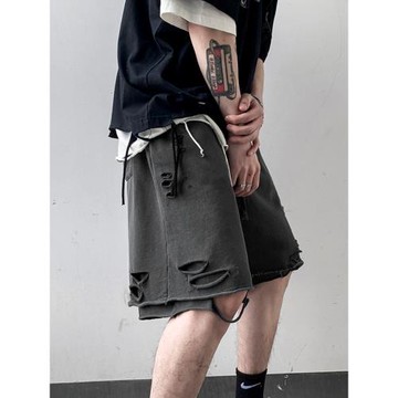 設計感破洞褲子男夏季薄款運動短褲直筒寬松美式五分褲純棉休閑褲