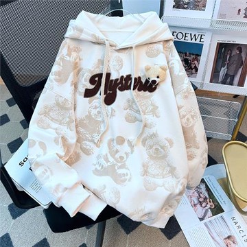 美式復古潮牌滿印小熊連帽衛衣男女秋冬寬松加絨oversize高街外套