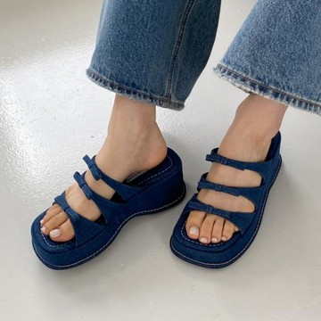 韓國東大門女鞋夏季新款蝴蝶結牛仔松糕底涼拖鞋女減齡少女風