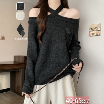 針織一字肩掛脖上衣+別針(2色) F【406286X】【現+預】☆流行前線☆