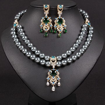 配飾珍珠雙層鎖骨鏈耳環項鍊套裝