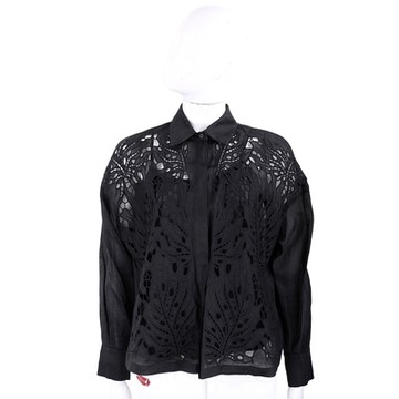 Max Mara MENTINO 鏤空織花麻料黑色長袖襯衫(附內搭)