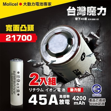 【台灣Molicel】21700 高倍率動力型鋰電池 4200mAh 2入-凸頭
