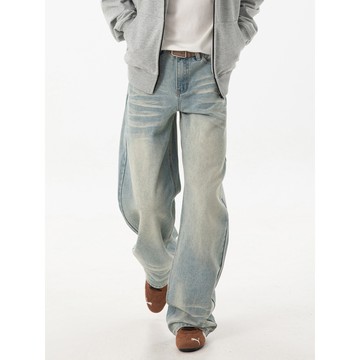 隔☀到店🔥一件可過冬發熱立體貓須水洗做舊牛仔褲男秋季美式直筒褲高街複古潮牌寬鬆長褲子