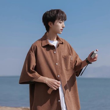 日系復古cityboy短袖襯衫男夏季薄款華夫格外套男士襯衣半袖寸衫