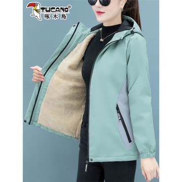 啄木鳥加絨加厚秋冬季外套女大碼媽媽小個子羊羔毛沖鋒衣棉衣棉襖