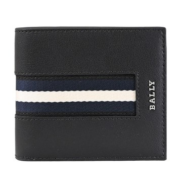 BALLY 6313316 HASAI 浮雕LOGO織帶造型對開八卡短夾.黑