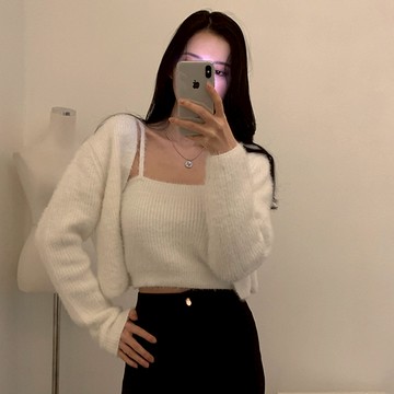 韓版仙氣感短版毛衣外套+毛毛背心 套裝【J234】