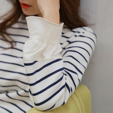 2026春裝新款小眾設計感韓版寬松純棉百搭藍白長袖條紋t恤女上衣