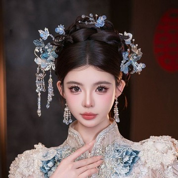 ⭐全場免運⭐ 新娘頭飾 皇冠 秀禾頭飾新娘中式藍色淺色2026新款新中式秀禾服新娘頭飾簡單大氣
