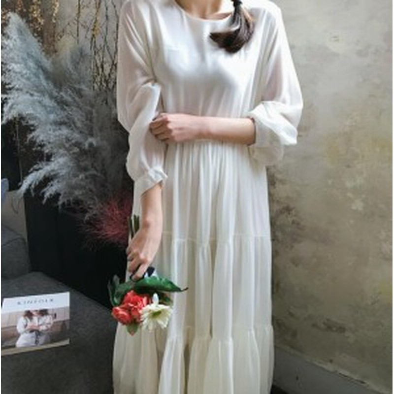 シフォンワンピース 韓国風ゆったり白ワンピースレディースワンピース シンプル ロング丈妊婦さんもok 裏地あり 大きいサイズ 無地フリル 通販 Lineポイント最大1 0 Get Lineショッピング