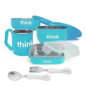 我會全部吃光光【Thinkbaby】不鏽鋼餐具組 - 馬卡龍藍 (六件組) 寶寶 用餐 吃飯 不鏽鋼餐具 自主用餐 耐摔
