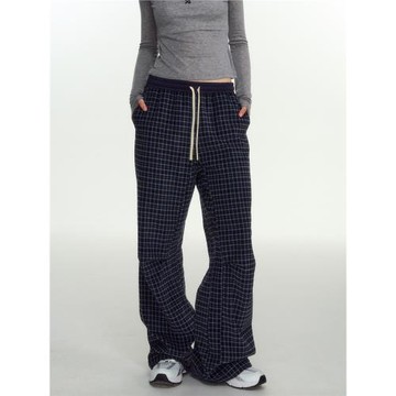 NS76撞色藍色格子直筒褲女寬松垂感百搭時尚休閑褲女秋冬新款長褲