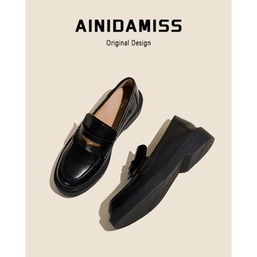 羊皮版~法式厚底樂福鞋女秋冬季學院風配裙子單鞋復古粗跟小皮鞋