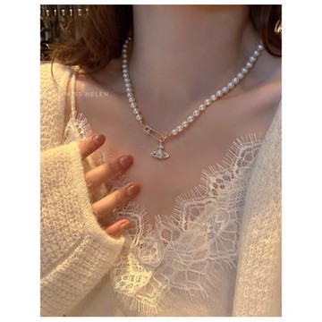 MISS HELEN土星水晶仿珍珠項鏈女短款原創多用鎖骨鏈頸鏈米珠吊墜