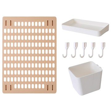 免打孔家用洞洞板置物架套裝 含洞洞板(42x30cm)、置物盤(20x10x3cm)、收納筒、掛勾x5 PS材質  粉色 + 白色  1組