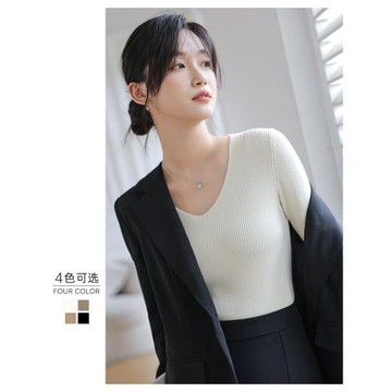 2025秋冬新款v領針織衫女修身長袖內搭黑白色打底衫上衣套頭毛衣