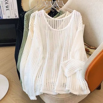 S-3XL 大尺碼上衣 罩衫 鏤空針織上衣女 夏季新款慵懶寬松遮肉防曬罩衫圓領設計感長袖百搭上衣