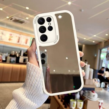 適用三星S25手機殼純鏡面Galaxys24新款簡約S22/S23高清補妝鏡子S21保護套化妝鏡S20女ultra軟硅膠FE防摔+