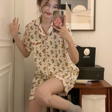超舒服☁️夏天甜美可愛睡衣 女薄款嬰兒棉感ins風開衫居家服 短袖短褲睡衣 寬鬆短袖居家服套裝 兩件套睡衣