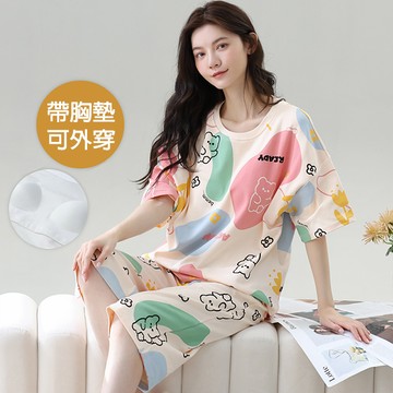 【韓國K.W.】KQN4455韓國率性風情有胸墊居家睡衣(睡衣/睡裙/家居服/涼感睡衣/連身睡衣)