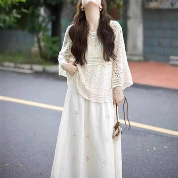 【米蘭精品】休閒套裝長袖裙裝-鏤空針織衫A字長裙女裝74km89