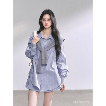 套裝設計感菲爾頓女襯衫韓係格子兩件套藍色學院風半裙學院 秋季