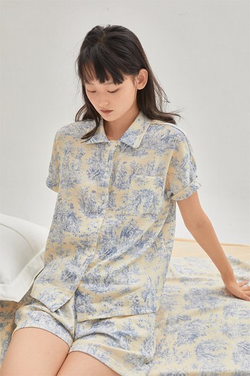 茹依印花 超柔軟 英式復古印花棉麻舒適短袖襯衫