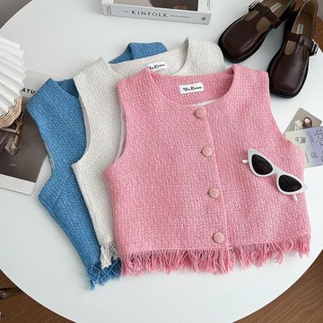 法式小香風粗花呢圓領單排扣修身顯瘦流蘇毛邊設計背心馬甲上衣女