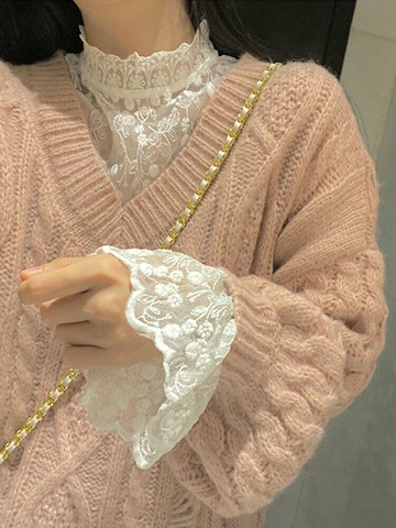 蕾絲長袖打底衫女新款毛衣內搭網紗洋氣小衫花邊上衣仙女甜美超仙【淘夢屋】