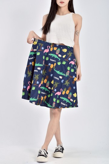 加購優惠(XL) 質感鬆緊腰滿版印花藍色短裙