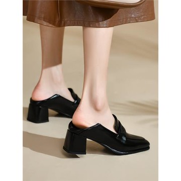 大碼粗跟單鞋女41一43春季方頭兩穿高跟鞋子百搭深口黑色高跟鞋40