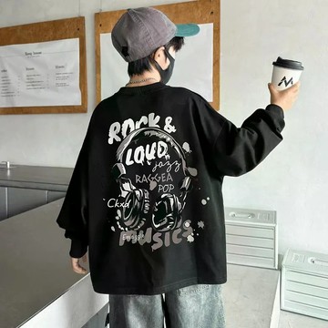 1萬人推薦！春秋純棉中大童男童春秋童裝兒童新款長袖寬鬆T恤打底上衣 男童長袖 打底休閒上衣 長袖t恤男童 韓版秋裝